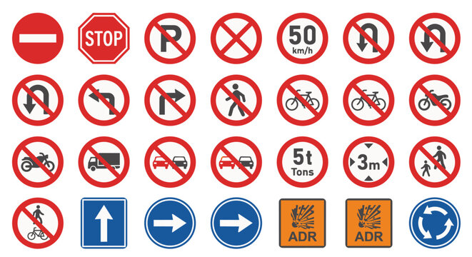 Set of 28 Traffic Restriction and Road Safety Signs Icons Vector Collection