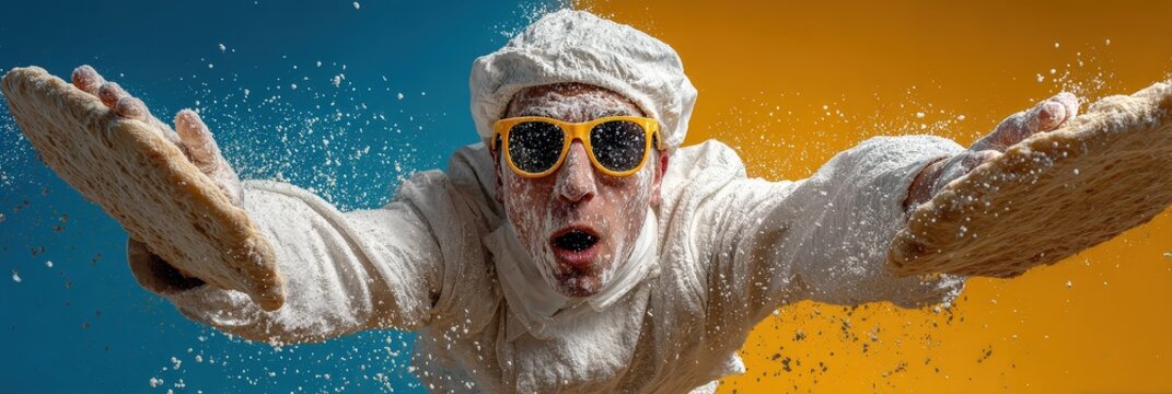Man in Costume Flying Through Air with Powdered Sugar
