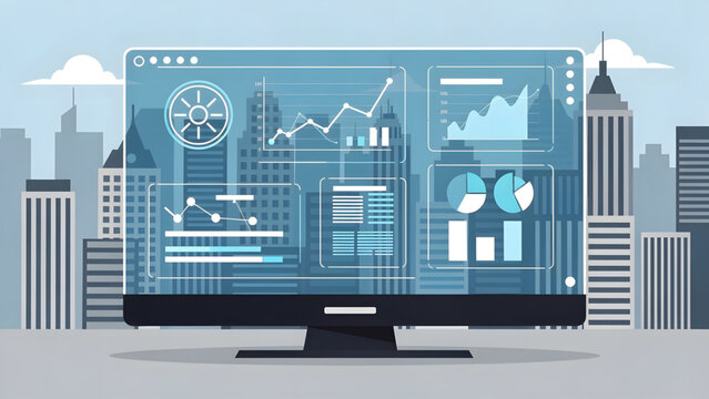 modern flat screen monitor with transparent data analytics graphs in cityscape background