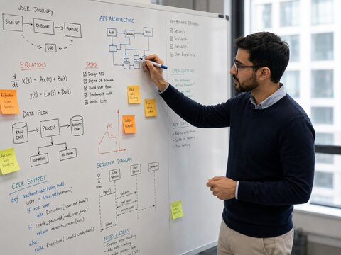 Professional software engineer designing API architecture and workflow on a whiteboard in a tech office