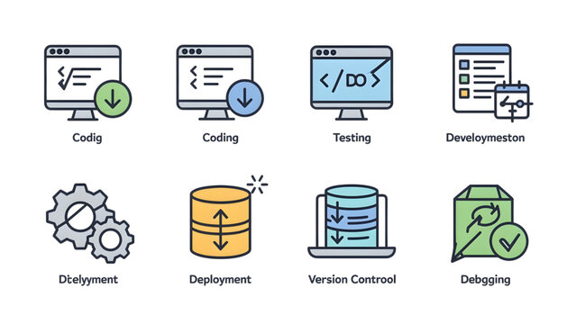 software development icons with colorful coding testing deployment debugging graphics