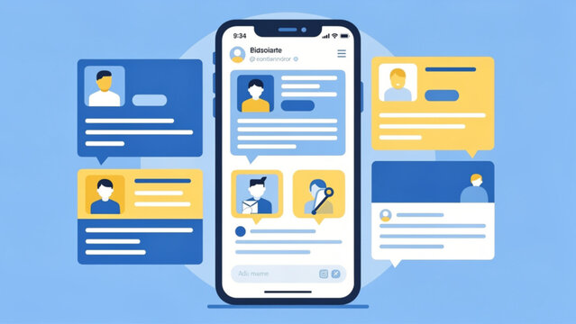 mobile chat app interface with blue and yellow message bubbles and user icons on white screen