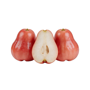 Fresh, vibrant wax apples, also known as java apples, with one sliced open to reveal its crisp interior on white