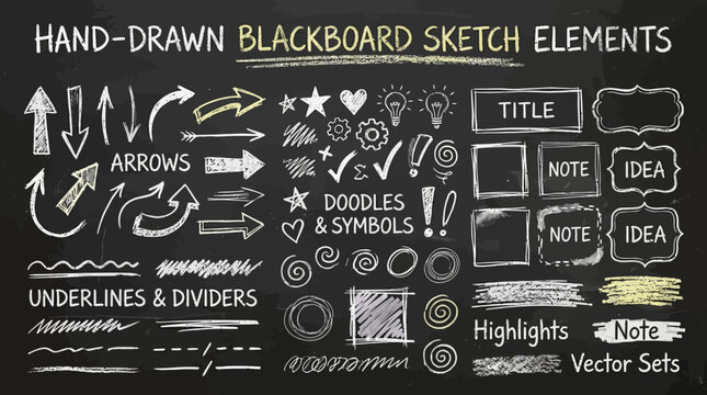 A collection of hand-drawn blackboard sketch elements including arrows, doodles, and symbols. ,   vector illustration sets