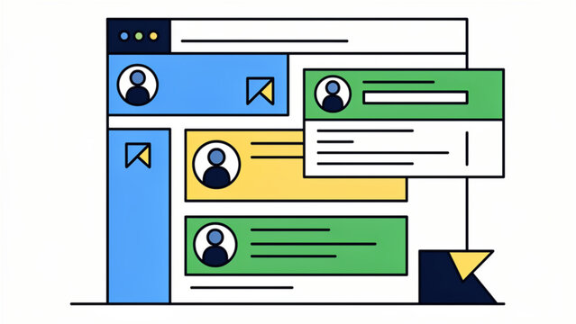colorful abstract social media message interface with user icons and text boxes