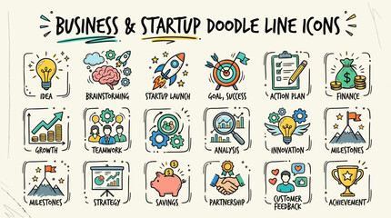 Fototapeta premium A collection of business and startup doodle line icons for planning and growth , vector illustration sets