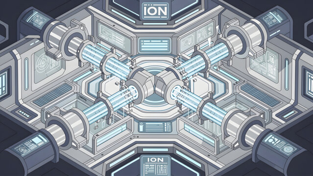 futuristic gray blue ion chamber with cylindrical tubes and glowing light panels