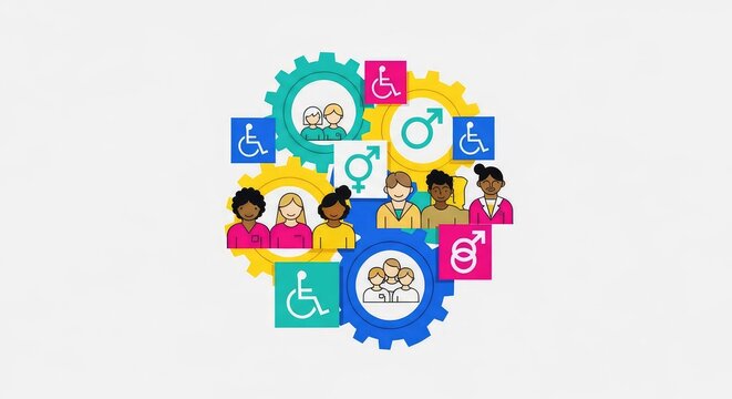 Modern illustration of colorful geometric icons and interconnected gears representing the implementation of inclusive workplace initiatives, belonging, abstract, professional