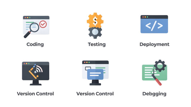 software development process icons with coding testing deployment version control debugging visuals