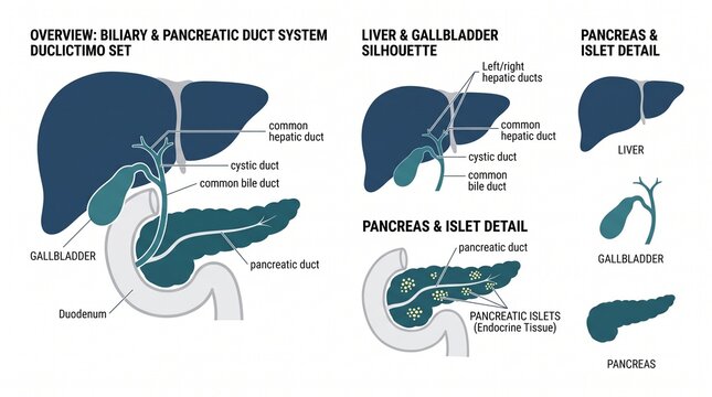 Human digestive system anatomy: liver gallbladder pancreas duodenum silhouettes