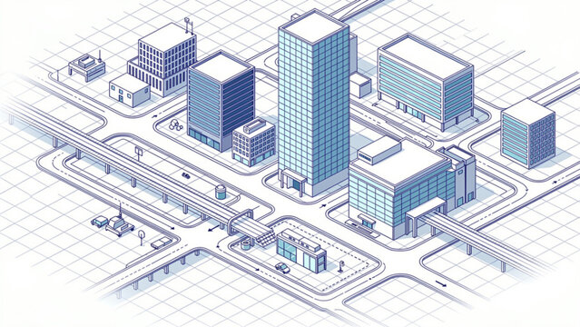 isometric cityscape with white and blue modern buildings roads and vehicles urban design