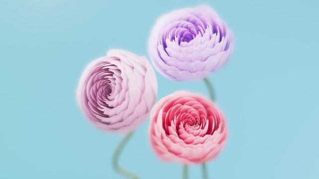 Three pastel ranunculus flowers rotating and forming buds on light blue background, pink lilac purple coral blooms with soft pastel palette, minimalist aesthetic floral motion footage for design
