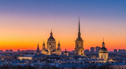 Naklejka premium Panoramic view of a classic urban skyline at dusk featuring ancient architecture, ornate domes, and high spires against a colorful sky, history, scenery, atmosphere