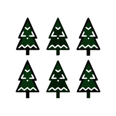 Obraz premium Five green christmas trees icon set with snow tops Vector