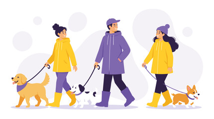 Fototapeta premium Three People Walking Dogs of Different Breeds in Colorful Raincoats on a Bright Day