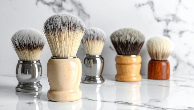Shaving brushes and razor arranged on marble grooming surface