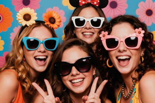 Four young women laugh and pose wearing oversized sunglasses and fun headbands. They are in a photo booth with a floral backdrop. Friends share joyful moments making peace signs, capturing memories.