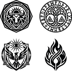 Obraz premium A assortment of four artistic black and white circular emblems featuring mythical symbols and sharp linework.