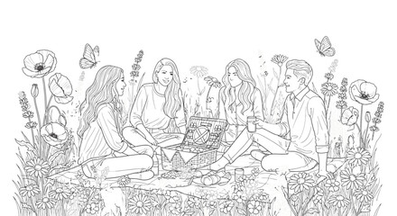 Obraz premium Coloring page of friends having picnic in floral meadow
