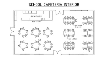 School cafeteria interior, floor plan, vector illustration, educational architecture © Zunair