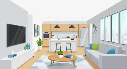 Fototapeta premium Modern open plan living room and kitchen interior design, contemporary home style