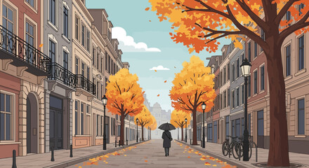 Pixel art autumn street scene with colorful trees and person holding umbrella. © Diran