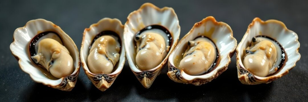 Several plump oysters displayed individually, shells slightly open , natural, delicious, raw