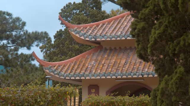 Located on Phoenix Hill, surrounded by pine forests and overlooking Tuyen Lam Lake the Truc Lam Zen Monastery in Da Lat, Vietnam includes a two leveled traditional Asian style pagoda with an iconic 