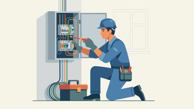 Professional Electrician in Blue Uniform and Hard Hat Repairing an Electrical Fuse Box with a Screwdriver; Flat Vector Illustration of Electrical Maintenance, Safety, and Home Repair Service.