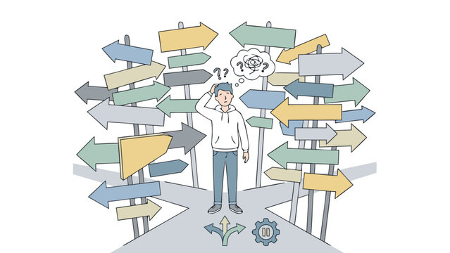 Confused man standing at a crossroads surrounded by many directional signs, feeling overwhelmed by choices and decision paralysis, flat vector illustration of life path uncertainty and doubt.