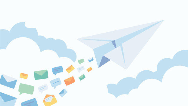 Large paper plane flying through soft blue clouds sending colorful message icons and envelopes, flat vector illustration concept for digital communication, email marketing, and global connectivity.