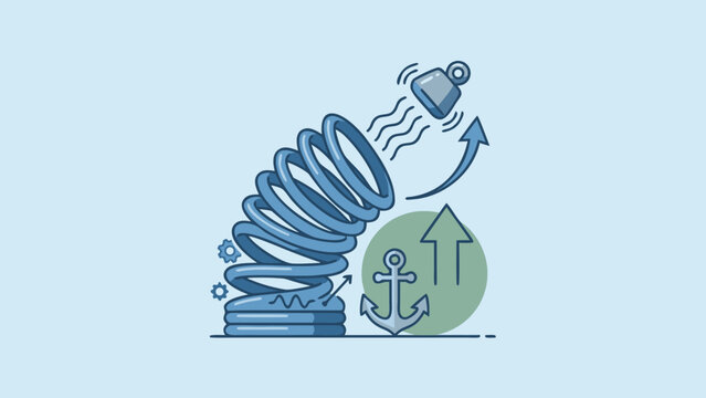 Conceptual Flat Vector Illustration of a Large Spring Bouncing Back Representing Resilience, Recovery, and Momentum with an Anchor and Weight Symbolizing Strength and Overcoming Obstacles.