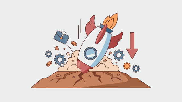Stylized Rocket Crashing into the Ground Representing Startup Failure and Business Crash Concept; Flat Vector Illustration of a Failed Project with Broken Briefcase, Gears, Coins, and Down Arrow.