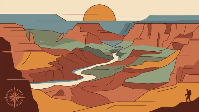 Stylized Grand Canyon Landscape Illustration with Winding River, Sunset, and Hiker Silhouette. Minimalist Flat Vector Art in Earth Tones for Travel Backgrounds and National Park Posters.