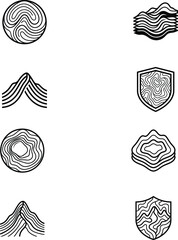 Assortment of eight theoretical topographical line artwork symbols featuring original mountain and geometric patterns. © Munna_SH