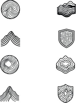 Assortment of eight theoretical topographical line artwork symbols featuring original mountain and geometric patterns.