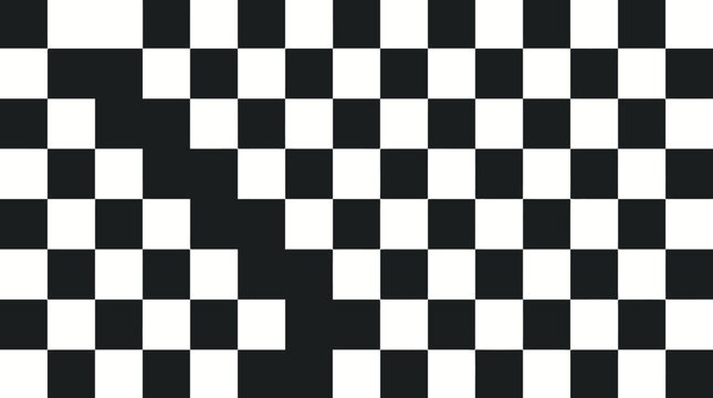 Abstract black and white checkerboard pattern with a large irregular black void disrupting the geometric grid.