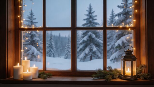 Cozy winter scene with candles and snowy trees
