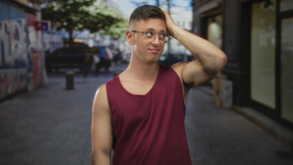 Fototapeta premium Man with hand on head and visible forearm in street wearing maroon tanktop, slightly squinting and rubbing head; confusion doubt uncertainty.
