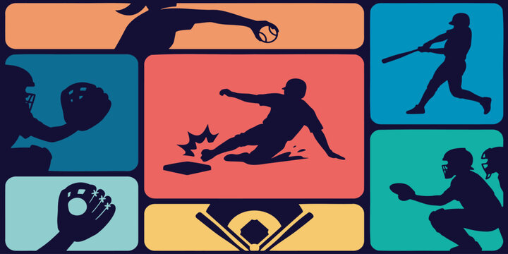 Colorful graphic illustration of baseball and softball players in action.