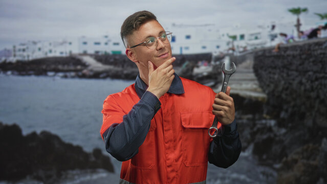 Young mechanic man in orange coverall holding wrench, hand to chin gesture near coastal building and rocky pier; thoughtful pondering curiosity.