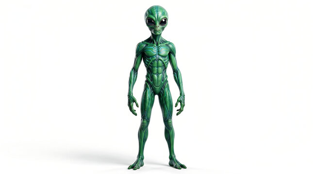 Realistic Green Alien Standing on White Background, Extraterrestrial Life Concept