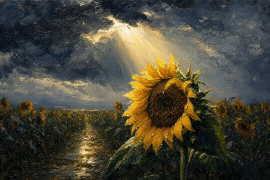 Sunflower ひまわり 195 Watercolor Painting of Sunflowers in Field under Dark Clouds and Light Rays（暗雲の下で光線が降り注ぐひまわり畑の水彩画）