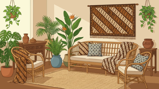 Cozy tropical living room with rattan furniture and batik pattern decor illustration