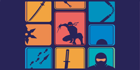 Colorful graphic illustration of ninja weapons and a ninja in action. © Riki
