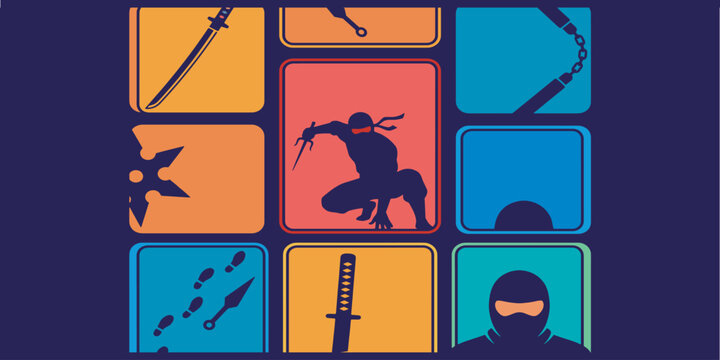 Colorful graphic illustration of ninja weapons and a ninja in action.