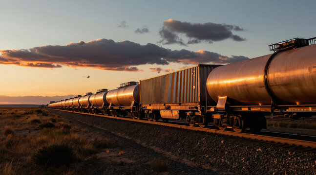 Long freight train carries cargo containers and fuel tanks across vast plains at sunset. The industrial train travels on rails, moving goods and liquids through the landscape.
