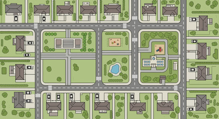 Aerial View of Suburban Neighborhood with Houses, Streets, and Parks © Drian