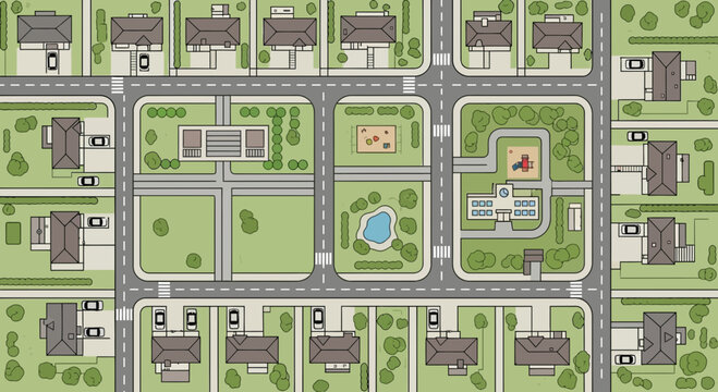 Aerial View of Suburban Neighborhood with Houses, Streets, and Parks