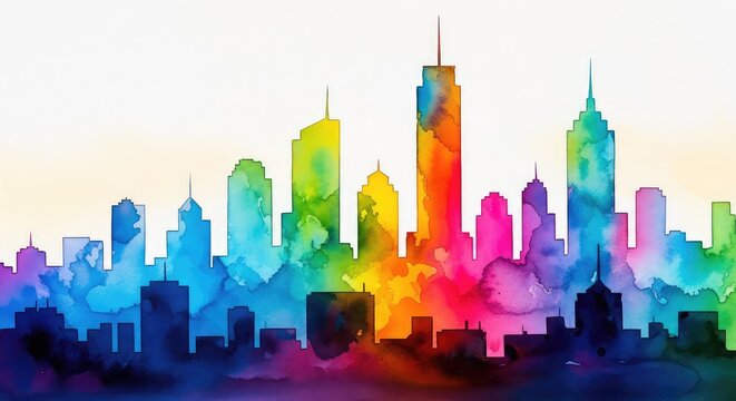 Vibrant watercolor cityscape silhouettes merge in a detailed close-up, featuring translucent overlapping colors and artistic urban outlines, creative, urban, blending